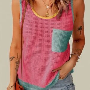 Pink, Blue, and Yellow Color Block, Waffle Tank Top